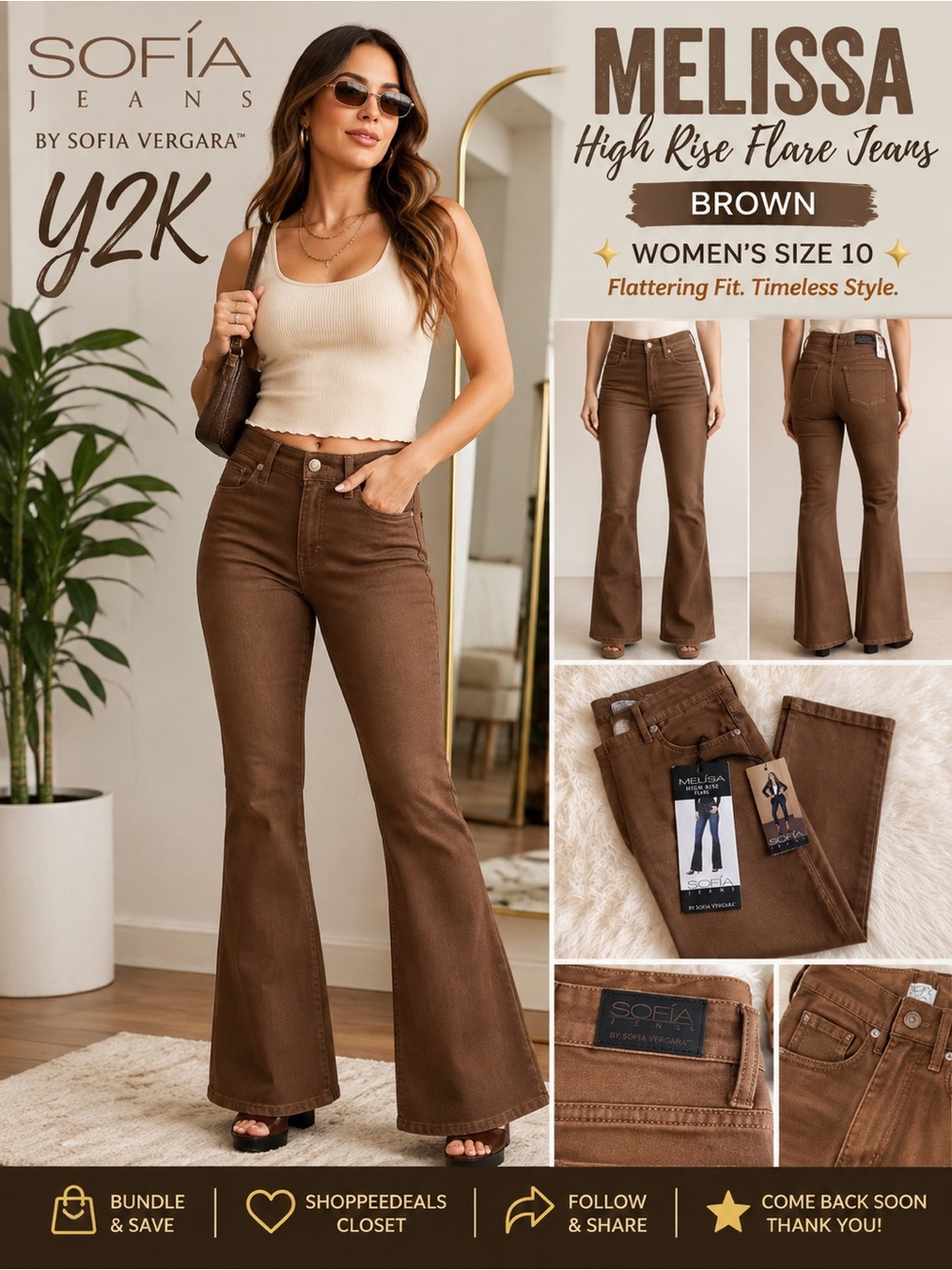 Sofia Jeans by Sofia Vergara Melissa High Rise Flare Jeans – Brown – Size 10
